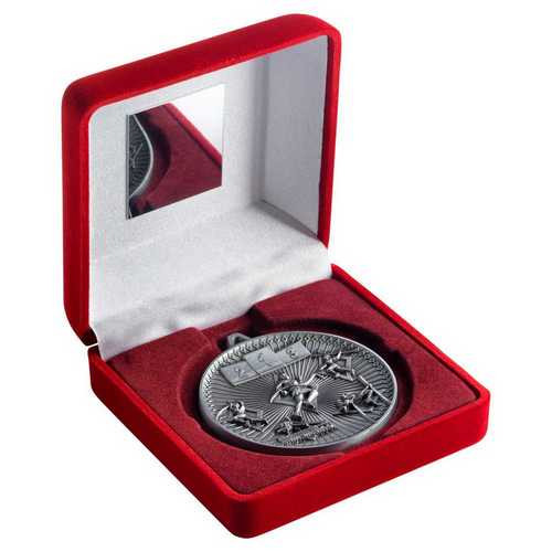 Red Velvet Box And 60mm Medal Athletics Trophy Antique Silver
