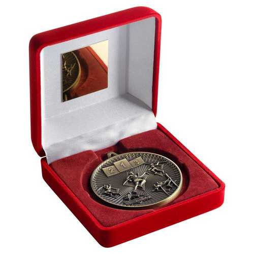 Red Velvet Box And 60mm Medal Athletics Trophy Antique Gold