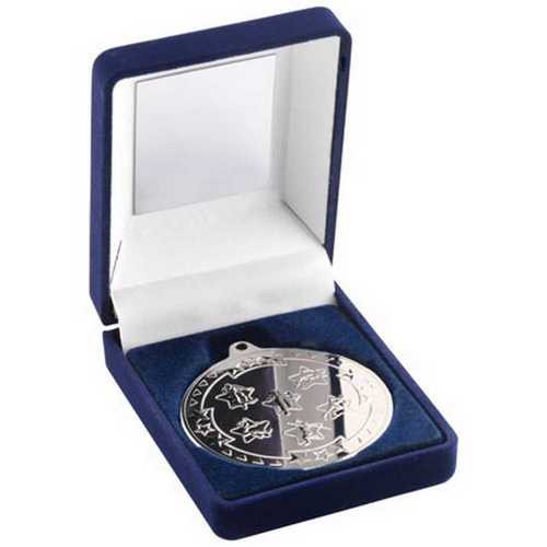 Blue Velvet Medal Box And 50mm Medal Multi Athletics Trophy Silver