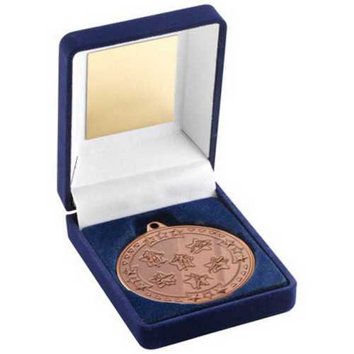 Blue Velvet Medal Box And 50mm Medal Multi Athletics Trophy Bronze